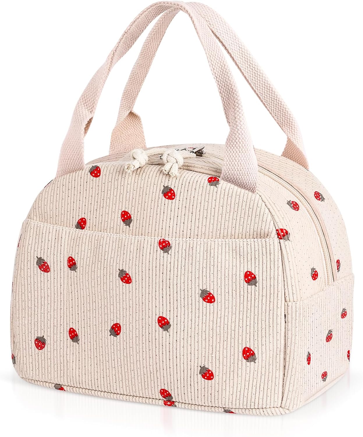 Lunch Bag for Women Girl Cute Strawberry Corduroy Lunch Tote Bags Leakproof Lunch Box Bag Large Capacity Reusable Insulated Cooler Lunch Container for Work, School, Travel or Picnic