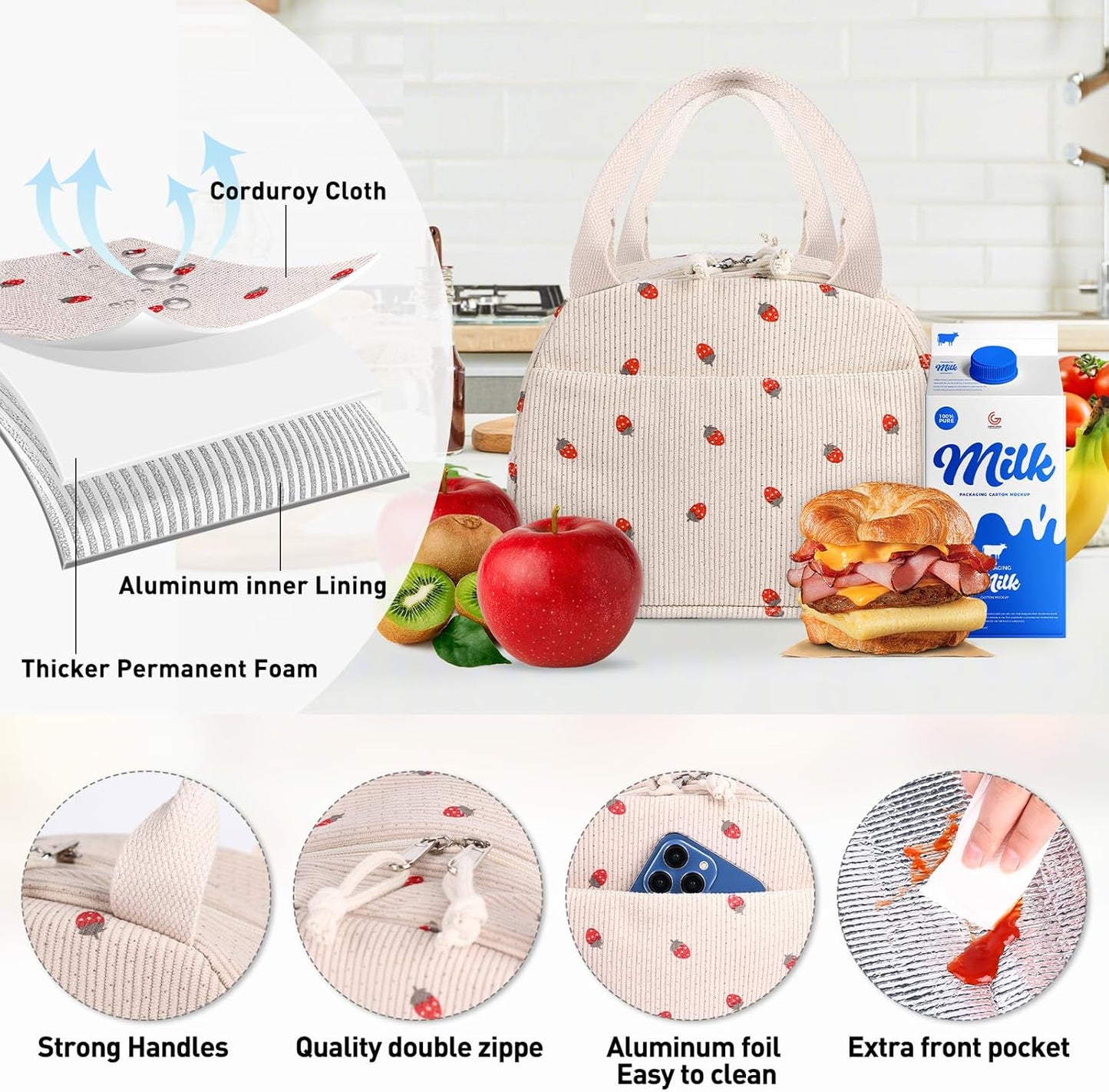 Lunch Bag for Women Girl Cute Strawberry Corduroy Lunch Tote Bags Leakproof Lunch Box Bag Large Capacity Reusable Insulated Cooler Lunch Container for Work, School, Travel or Picnic