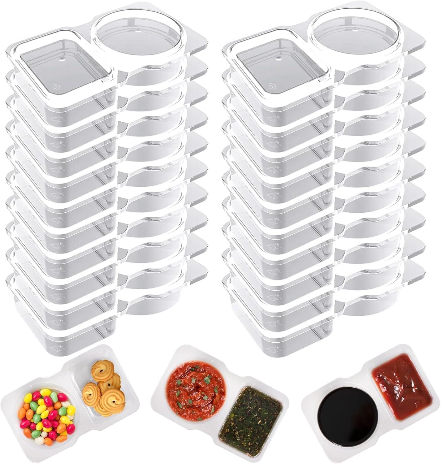 20-Pack Dual-Compartment Sauce Containers with Lids - Reusable Leak-Proof Dressing & Dip Storage for Snacks, Takeout, Travel, and Outdoor Camping
