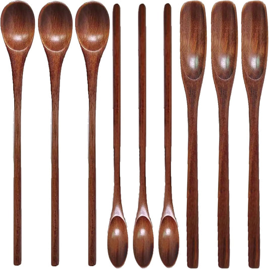 Wooden Spoons Long Handle Wooden Coffee Spoons Tea Spoon Wooden Mixing Honey Spoon Handmade Wood Stirring Spoon for Kitchen Cooking Utensils(9PCS)