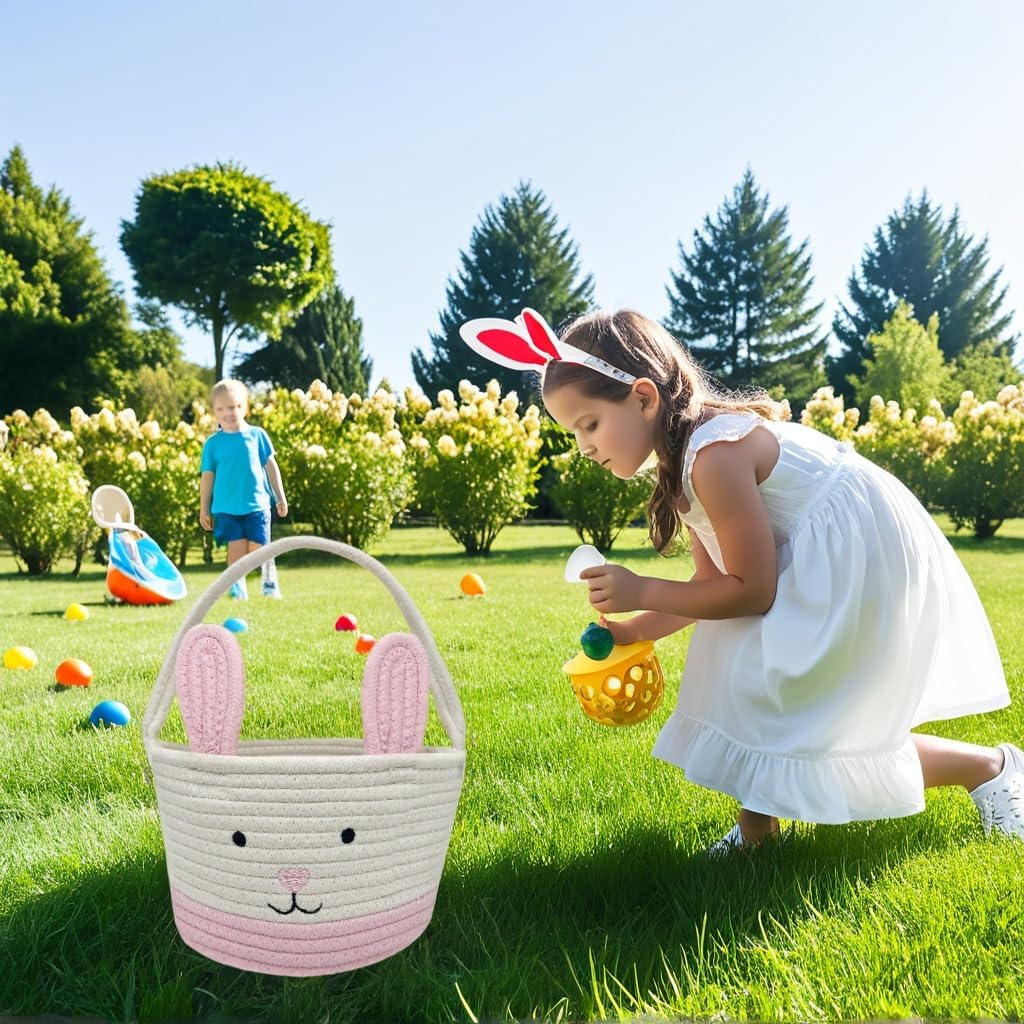 Easter Basket, Easter Bunny Basket with Handle, Easter Baskets for Kids, Baby Gift Basket, Egg Buckets Gifts Tote Bags Egg Hunt Basket for Boys, Girls, Toddler, Babies, Infant (Pink)
