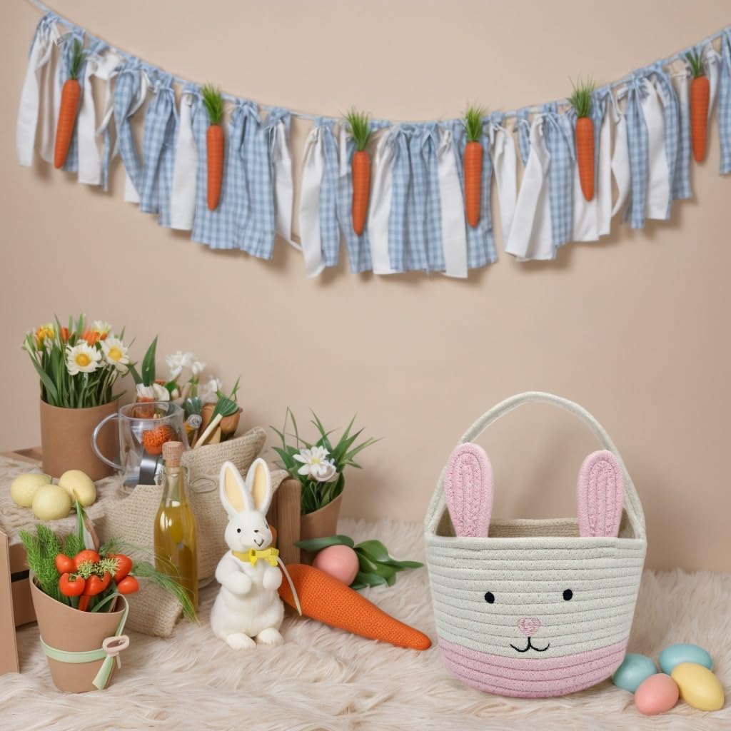 Easter Basket, Easter Bunny Basket with Handle, Easter Baskets for Kids, Baby Gift Basket, Egg Buckets Gifts Tote Bags Egg Hunt Basket for Boys, Girls, Toddler, Babies, Infant (Pink)