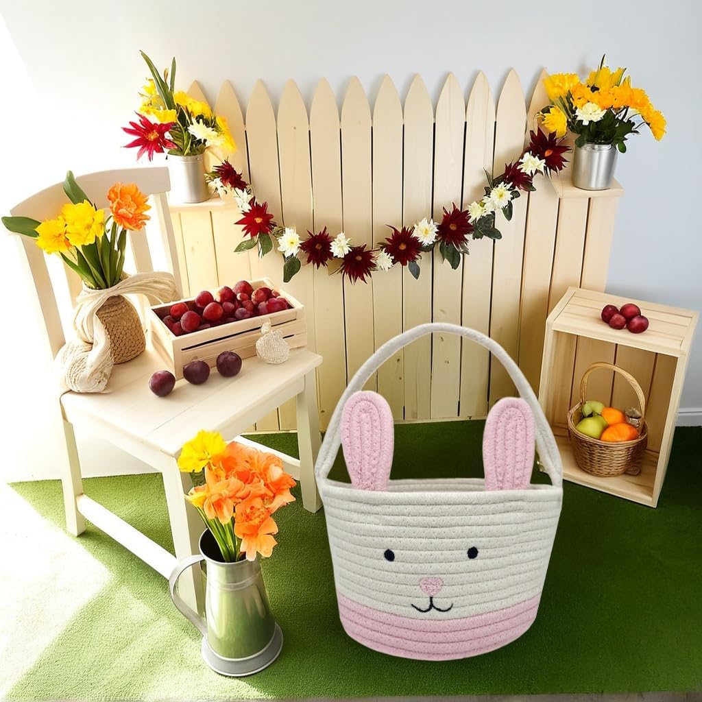 Easter Basket, Easter Bunny Basket with Handle, Easter Baskets for Kids, Baby Gift Basket, Egg Buckets Gifts Tote Bags Egg Hunt Basket for Boys, Girls, Toddler, Babies, Infant (Pink)