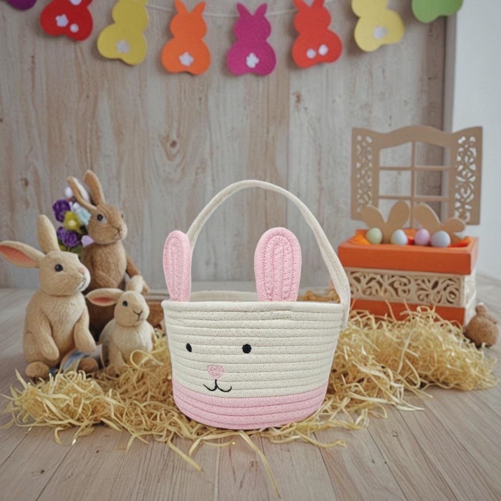 Easter Basket, Easter Bunny Basket with Handle, Easter Baskets for Kids, Baby Gift Basket, Egg Buckets Gifts Tote Bags Egg Hunt Basket for Boys, Girls, Toddler, Babies, Infant (Pink)