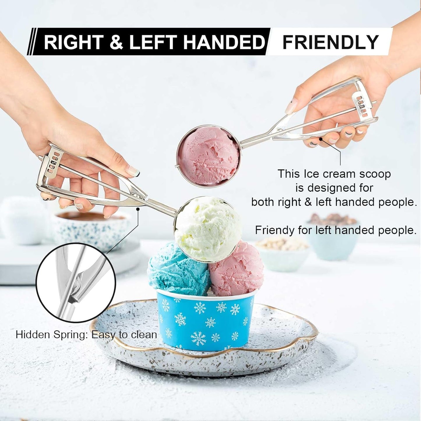 Ice Cream Scoops Set 3 PCS Cookie Scoops for Baking, Fits Right & Left Handed, Stainless Steel Cookie Dough Scoop, Melon Baller Scoop Cupcake Muffin Scoop (4oz +2oz +0.8oz)