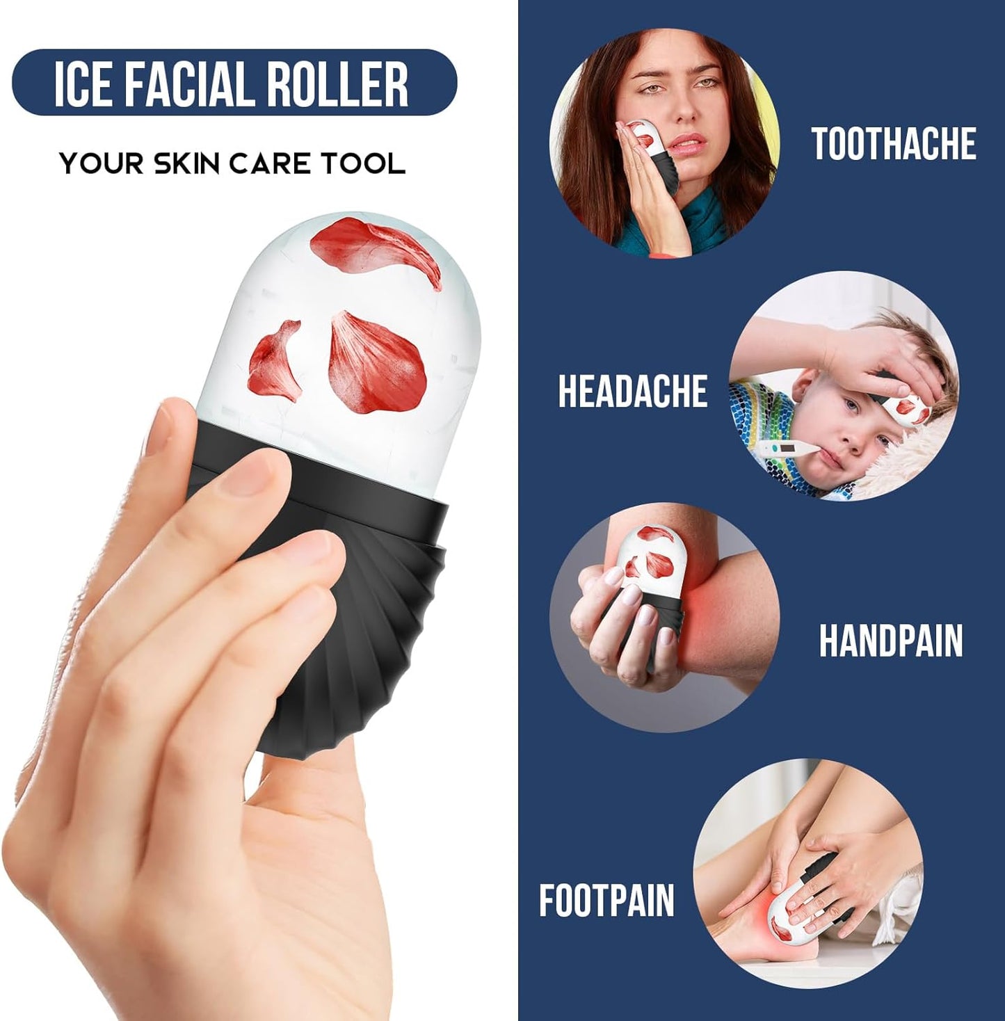 Ice Roller for Face and Eye, Silicone Ice Facial Roller Ice Holder, Face Ice Mold Skin Care, Face Icers Reusable Ice Cube Roller for Shrink Pores Anti Wrinkle Reduce Puffiness, Black