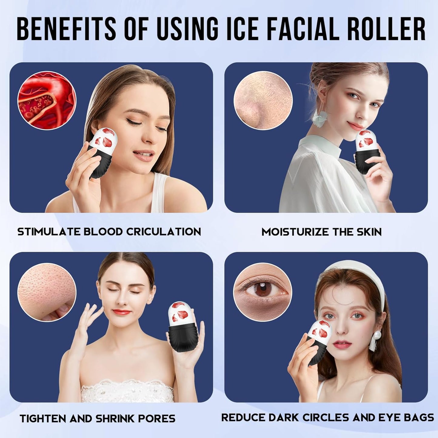 Ice Roller for Face and Eye, Silicone Ice Facial Roller Ice Holder, Face Ice Mold Skin Care, Face Icers Reusable Ice Cube Roller for Shrink Pores Anti Wrinkle Reduce Puffiness, Black