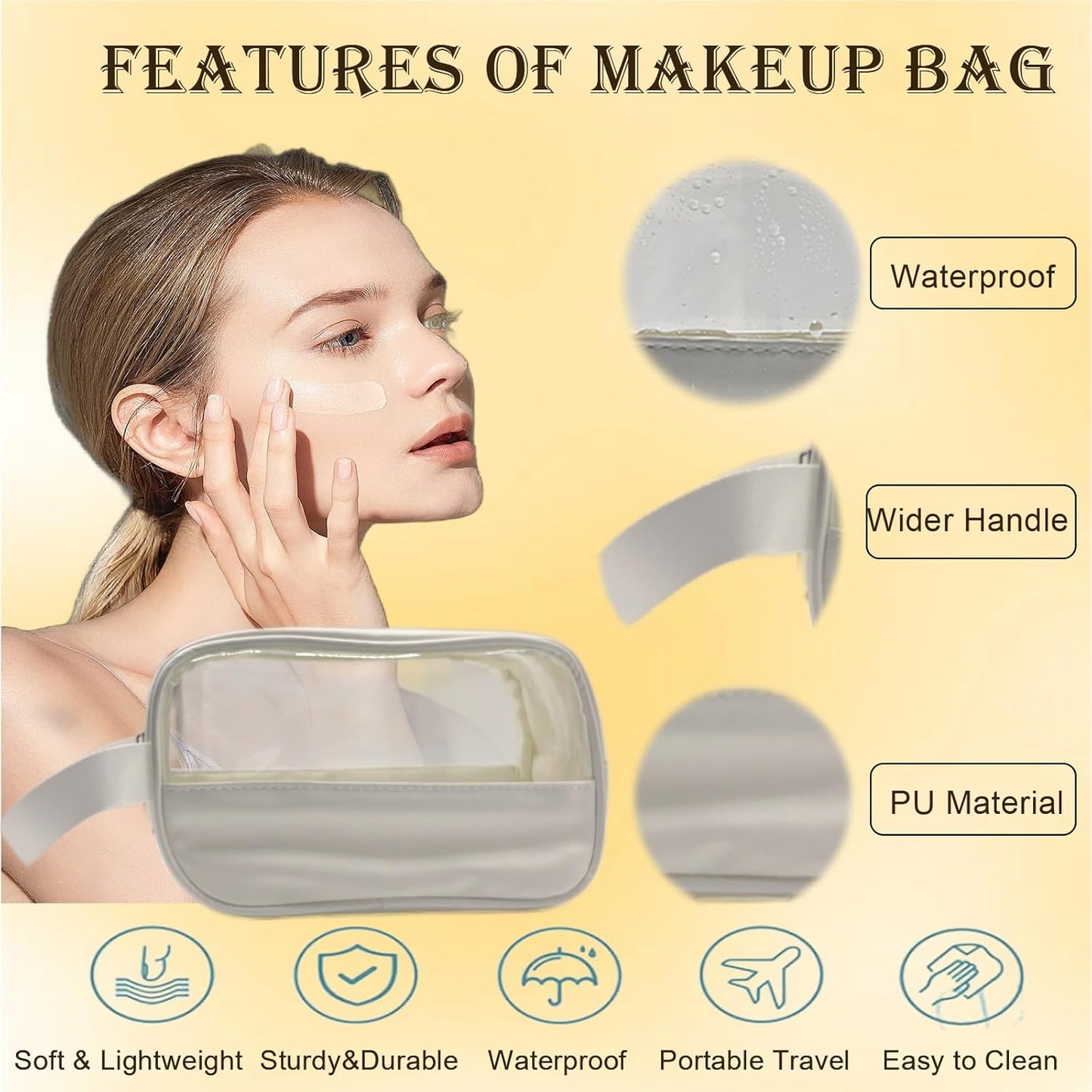 Toiletry Bag for Women Clear PVC & PU Splicing Waterproof Makeup Cosmetic Bag, TSA Approved Portable Travel Organizer for Vacation, Bathroom, Airplane, White