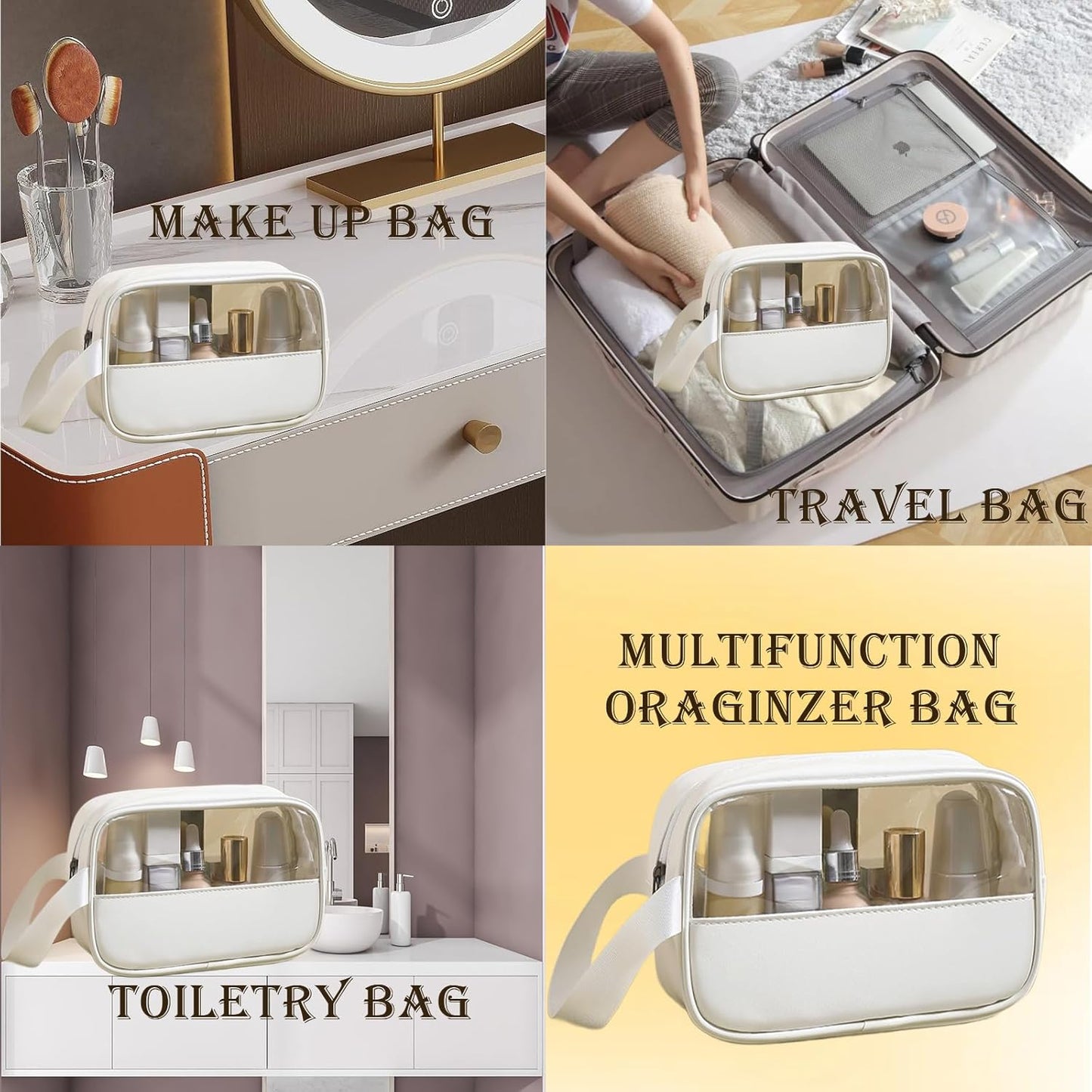 Toiletry Bag for Women Clear PVC & PU Splicing Waterproof Makeup Cosmetic Bag, TSA Approved Portable Travel Organizer for Vacation, Bathroom, Airplane, White