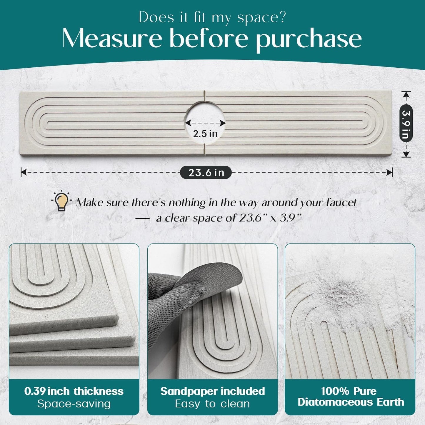 Faucet Mat for Kitchen Sink - 24'' Long Diatomite Fast Drying Stone Sink Tray, Super Absorbent, Prevents Moisture Buildup - Faucet Splash Guard for Bathroom Counter (Light Grey)