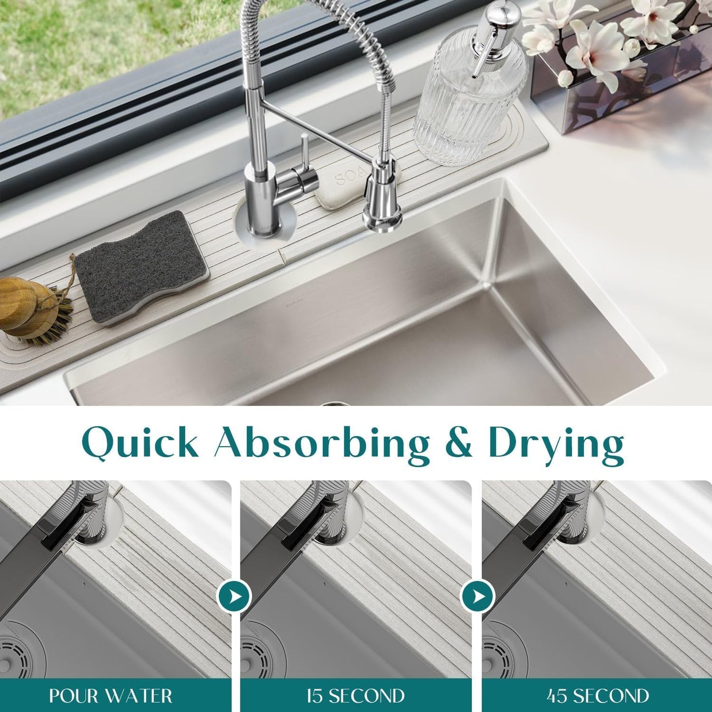 Faucet Mat for Kitchen Sink - 24'' Long Diatomite Fast Drying Stone Sink Tray, Super Absorbent, Prevents Moisture Buildup - Faucet Splash Guard for Bathroom Counter (Light Grey)