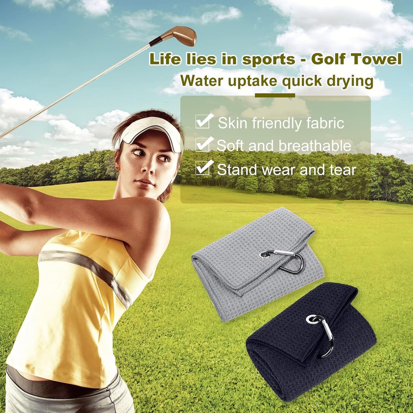 Golf Towel,2 PackPremium Microfiber Fabric Waffle Pattern Towels,Heavy Duty Carabiner Clip (2 Pcs,2 Colors)