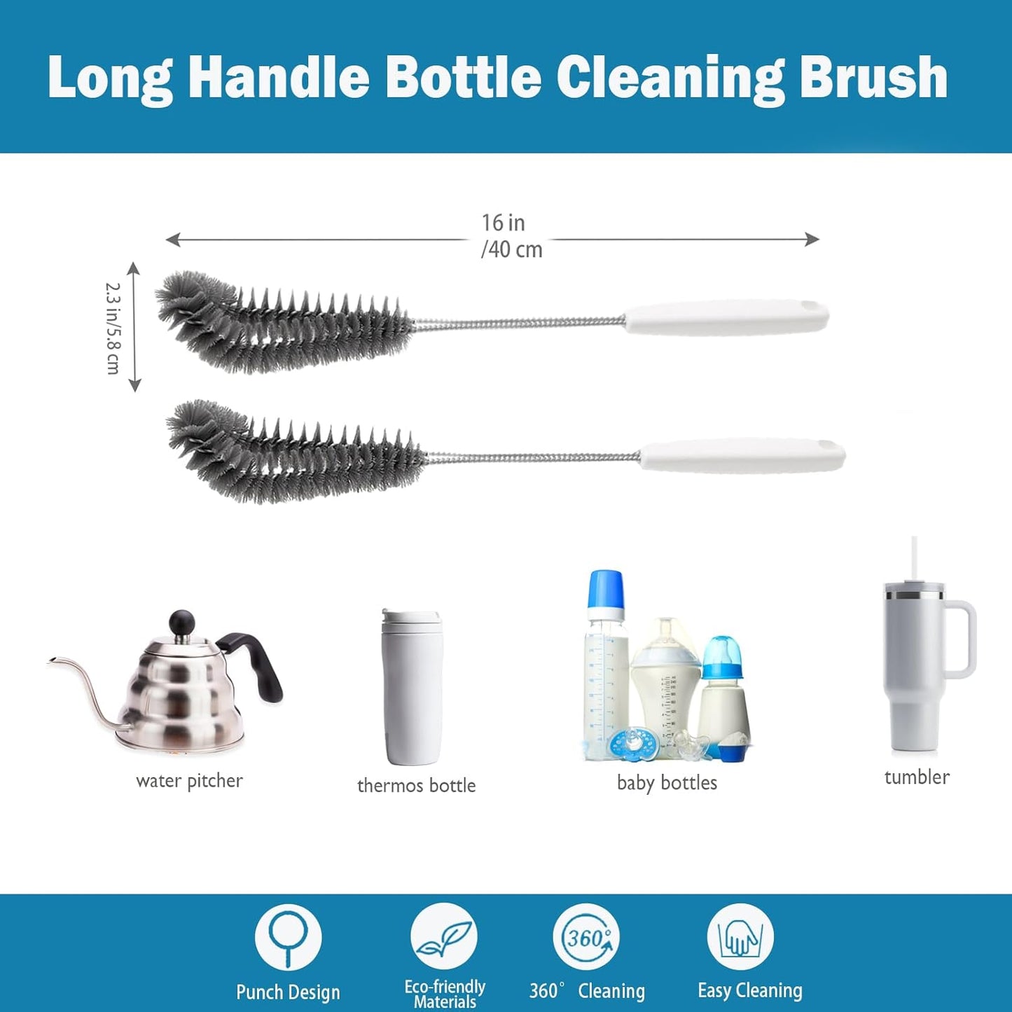 15.7" (40cm) Flexible Long Black Bottle Cleaning Brush for Kitchen and Dining - Perfect for Baby Bottles, Sports Bottles, Glassware, Mugs, Jars, and Stemware (2-pc)