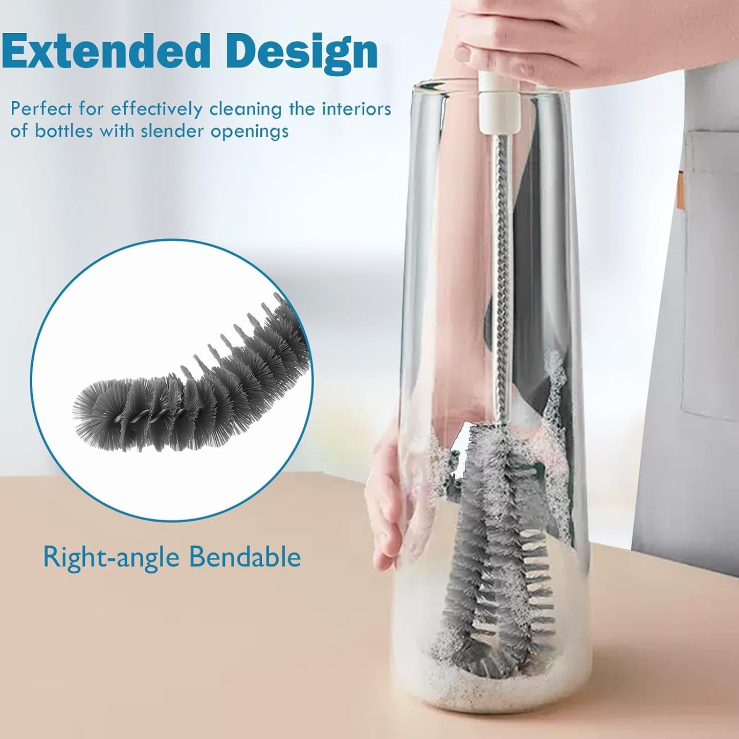 15.7" (40cm) Flexible Long Black Bottle Cleaning Brush for Kitchen and Dining - Perfect for Baby Bottles, Sports Bottles, Glassware, Mugs, Jars, and Stemware (2-pc)