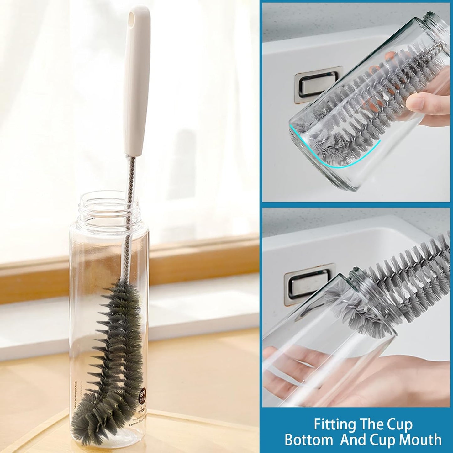 15.7" (40cm) Flexible Long Black Bottle Cleaning Brush for Kitchen and Dining - Perfect for Baby Bottles, Sports Bottles, Glassware, Mugs, Jars, and Stemware (2-pc)