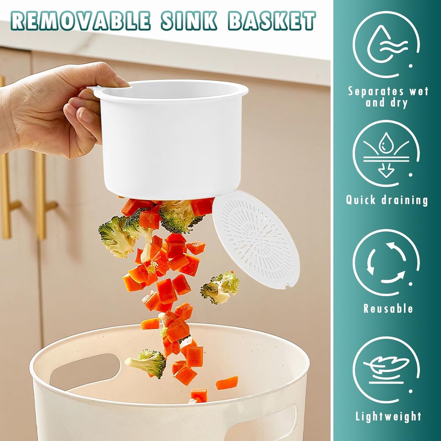 Sink Strainer Basket, Hang on Faucet Kitchen Sink Drain Basket, With Push to Empty & Detachable Fast-Drain Mesh, Multifunctionfor Kitchen Tools for Food Waste Removal & Veggie Washing (white)
