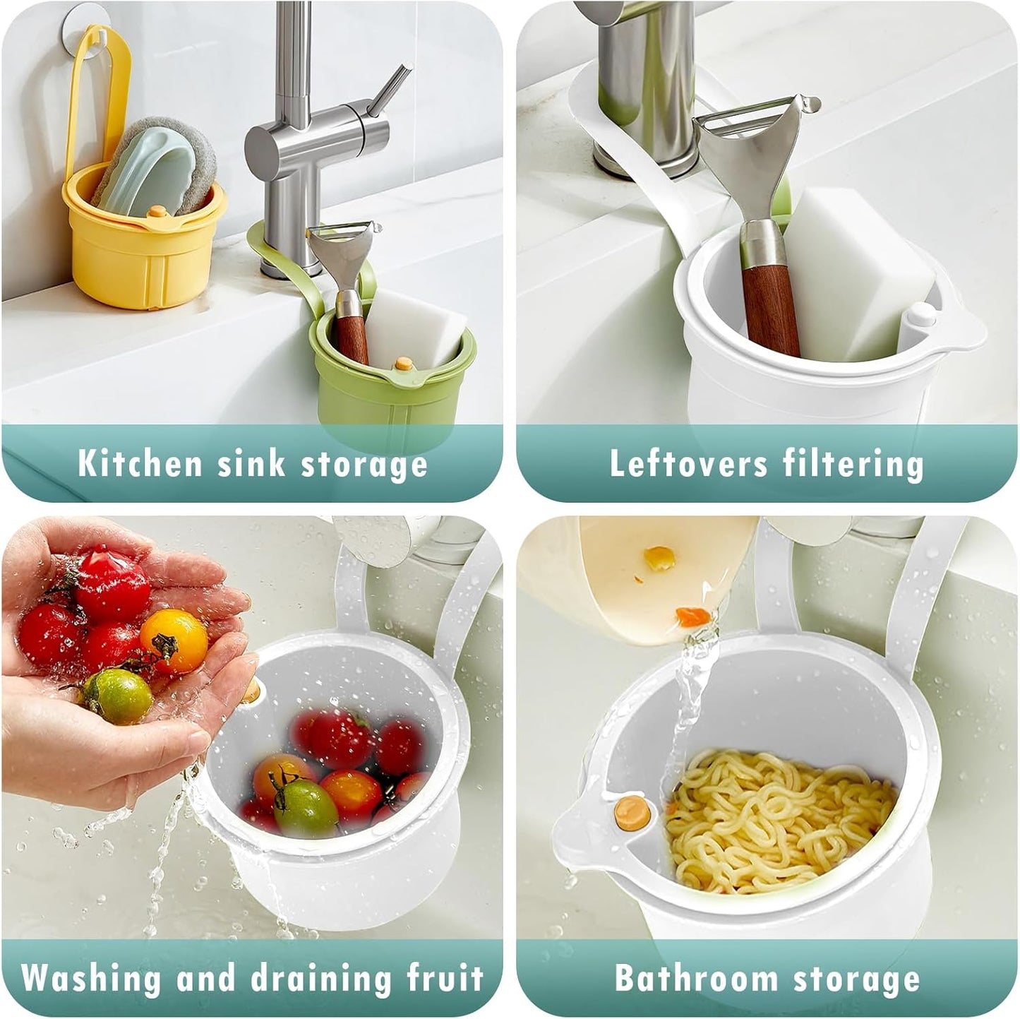 Sink Strainer Basket, Hang on Faucet Kitchen Sink Drain Basket, With Push to Empty & Detachable Fast-Drain Mesh, Multifunctionfor Kitchen Tools for Food Waste Removal & Veggie Washing (white)