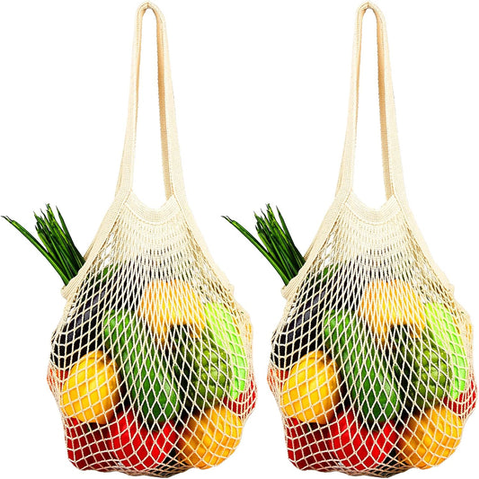 [2 Pack] Premium Mesh Grocery Bags, Reusable Produce Bags, Long Handle Net Tote Bags, 100% Cotton String Bags, Fruit and Vegetable Bags, Beige (Portable/Washable/Durable), Beige, One Size
