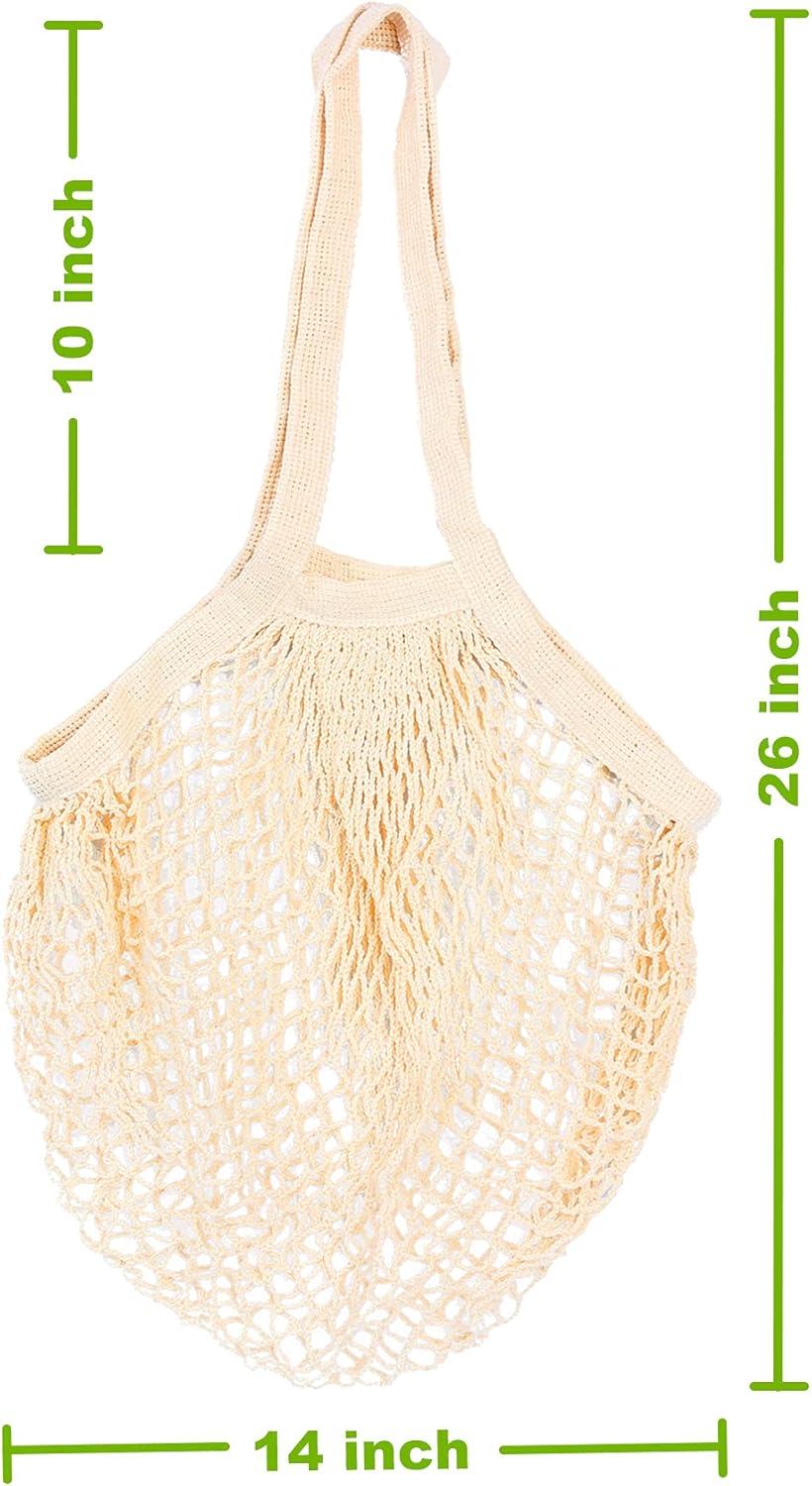 [2 Pack] Premium Mesh Grocery Bags, Reusable Produce Bags, Long Handle Net Tote Bags, 100% Cotton String Bags, Fruit and Vegetable Bags, Beige (Portable/Washable/Durable), Beige, One Size