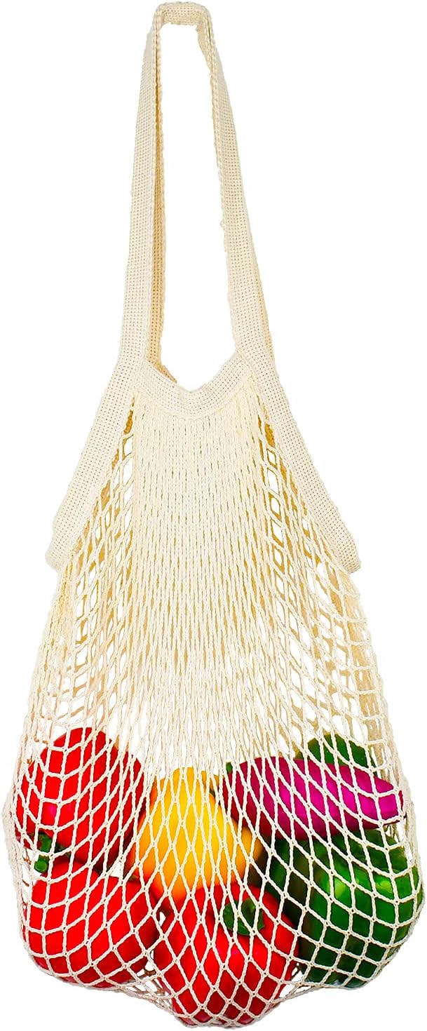 [2 Pack] Premium Mesh Grocery Bags, Reusable Produce Bags, Long Handle Net Tote Bags, 100% Cotton String Bags, Fruit and Vegetable Bags, Beige (Portable/Washable/Durable), Beige, One Size