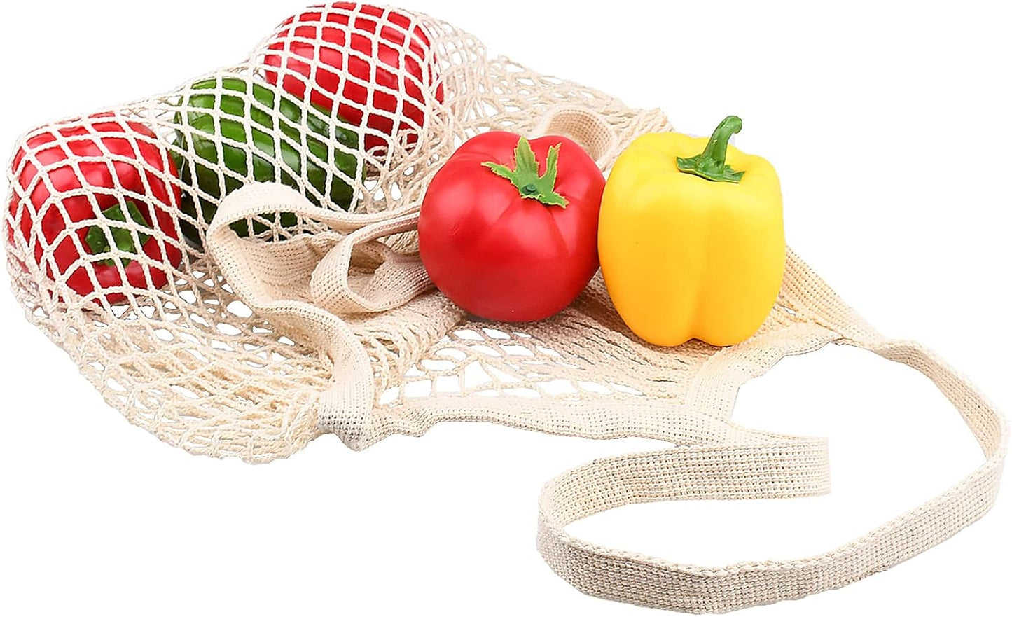 [2 Pack] Premium Mesh Grocery Bags, Reusable Produce Bags, Long Handle Net Tote Bags, 100% Cotton String Bags, Fruit and Vegetable Bags, Beige (Portable/Washable/Durable), Beige, One Size