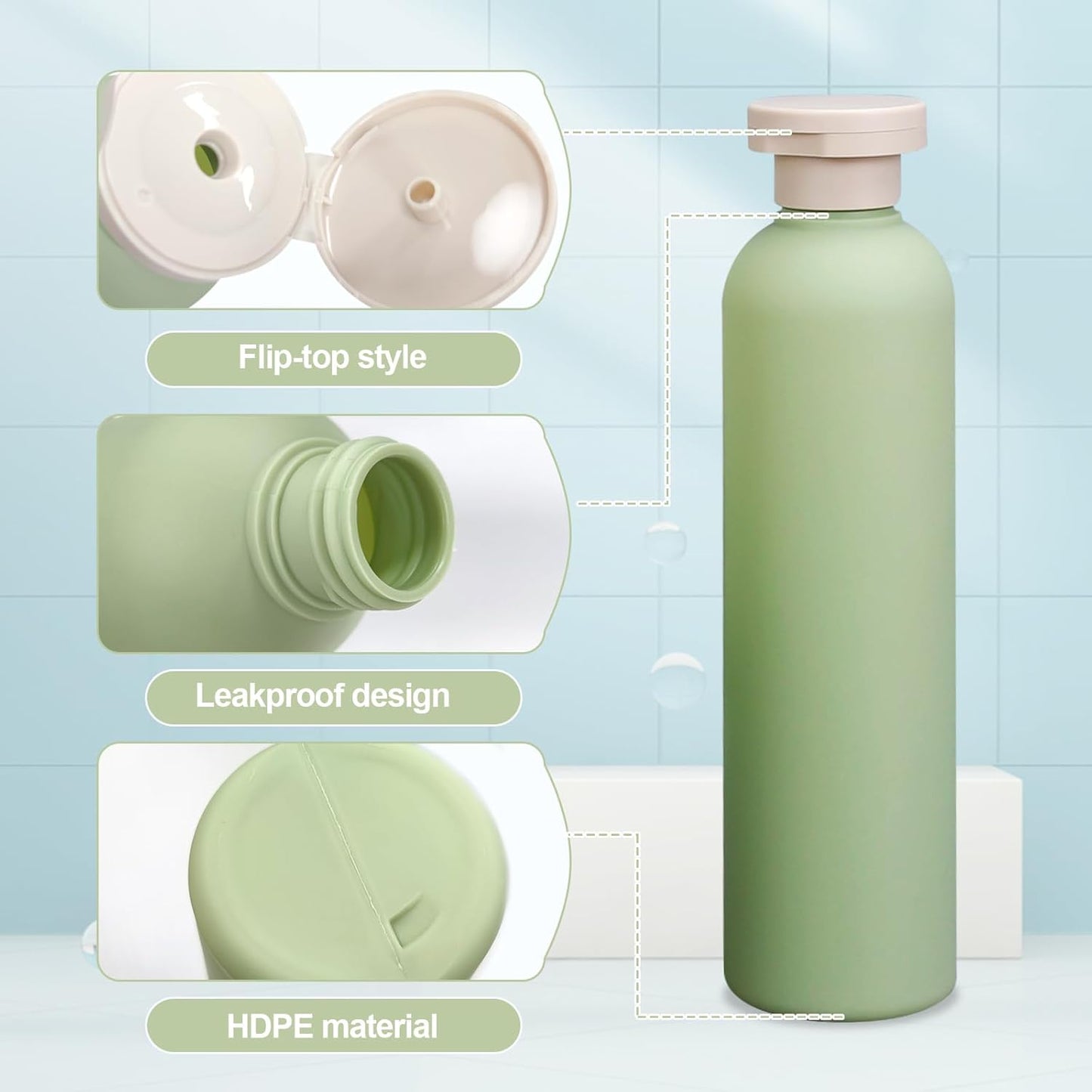 3Pcs 8.8oz Flip Top Squeeze Bottles,Reusable and Refillable Leak Proof Travel Bottles,For Lotions,Facial Creams,Shampoos,Hair Conditioner (Green)