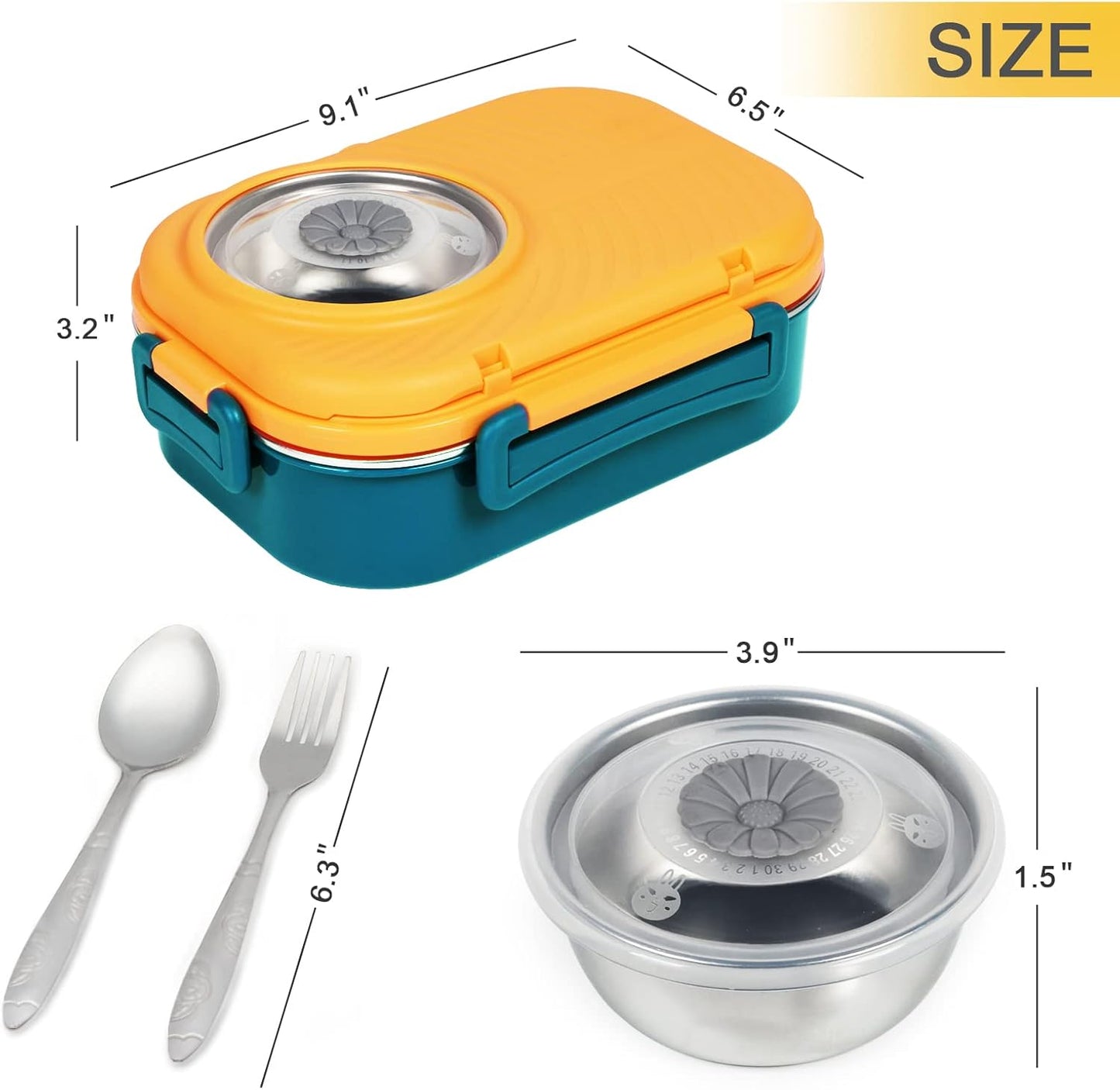 Stainless Steel Bento Lunch Box for Kids and Adults (Yellow and Green)