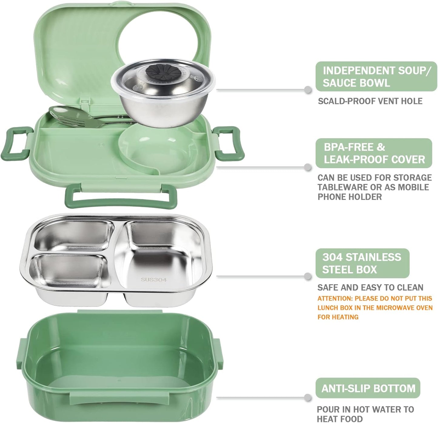 Stainless Steel Bento Lunch Box for Kids and Adults (Yellow and Green)