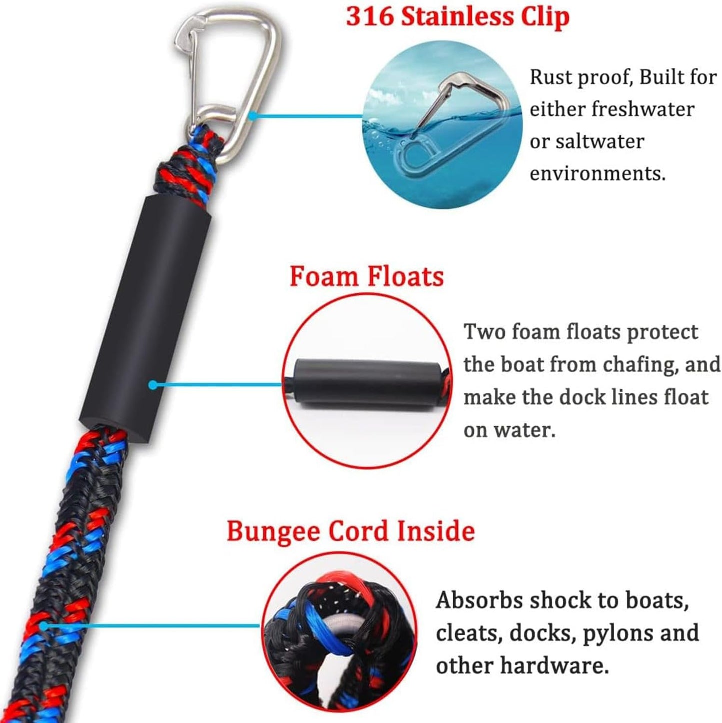 Boat Bungee Dock Lines Boat Marine Rope, Jet Ski Dock, Boating Seadoo Pontoon Waverunner Accessories (Blue, 2 Pcs with Buckles)