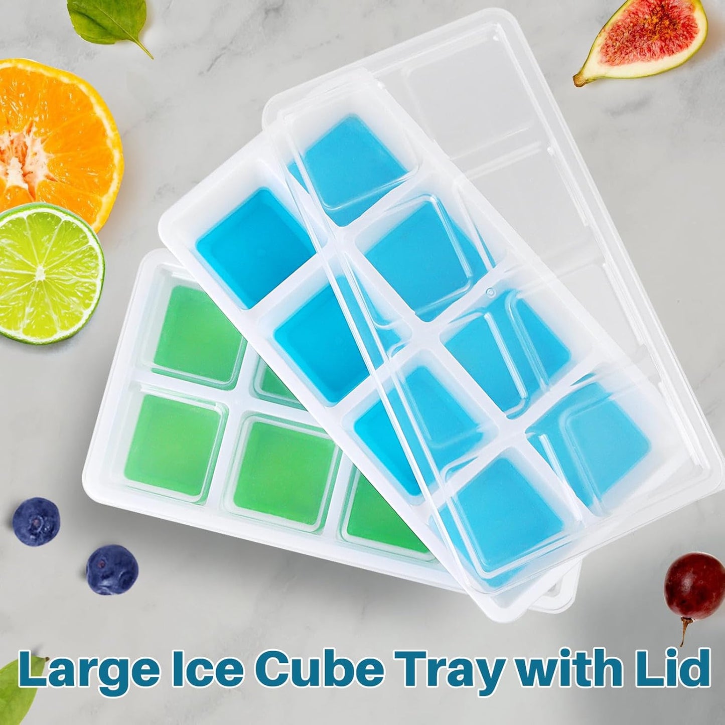 Large Ice Cube Mold with Lid,  2 Pack Silicone Big Square Ice Cube Trays with Lids BPA Free, Easy-Release & Stackable Big Ice Cube Tray for Freezer Cocktail Whiskey Coffee