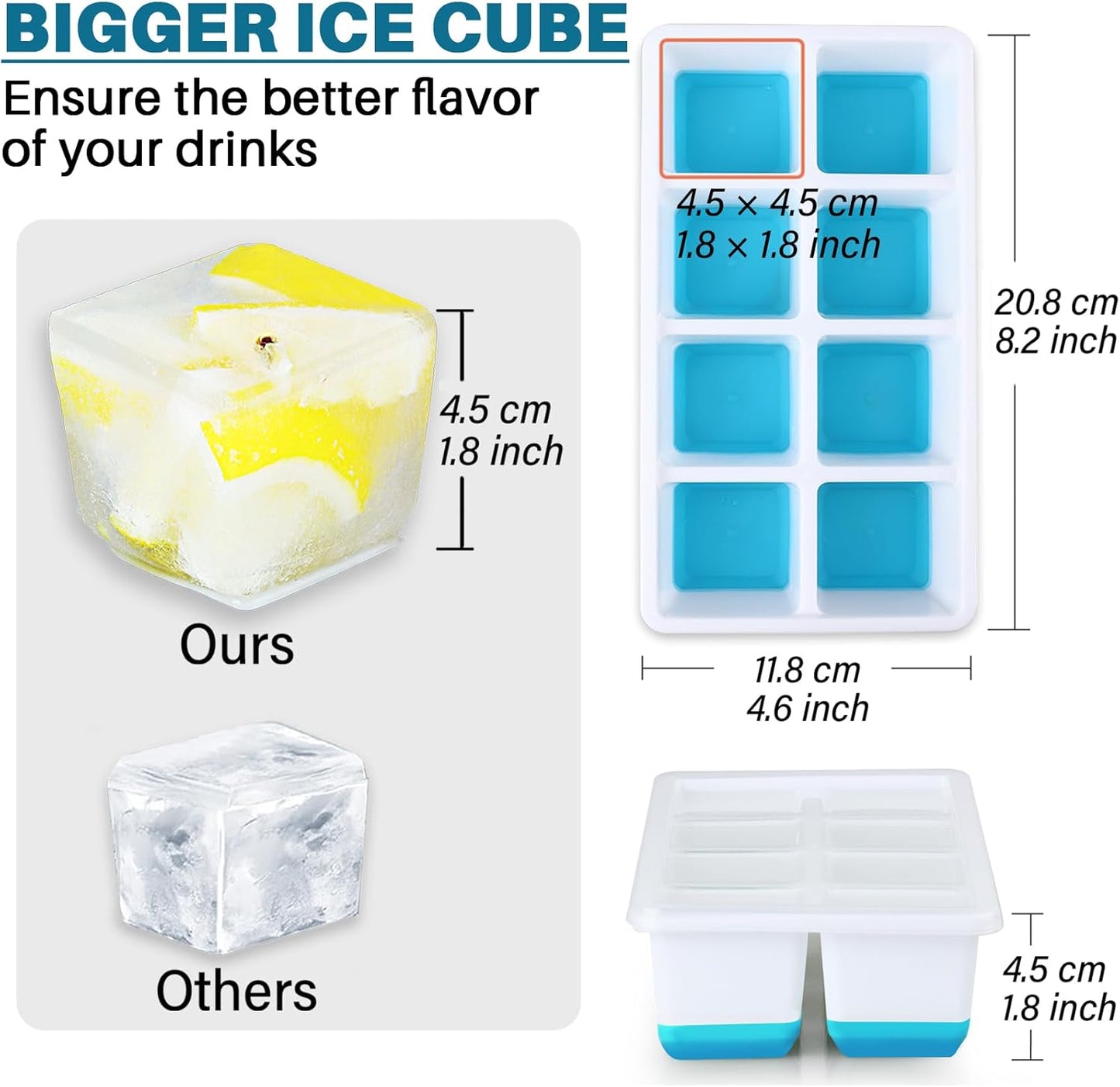 Large Ice Cube Mold with Lid,  2 Pack Silicone Big Square Ice Cube Trays with Lids BPA Free, Easy-Release & Stackable Big Ice Cube Tray for Freezer Cocktail Whiskey Coffee