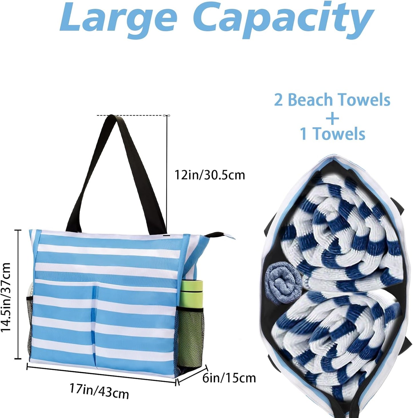 Jercery Waterproof Beach Bags for Women Vacation, Large Beach Tote Bag with Zipper for Travel, Pool, Swimming, Shopping