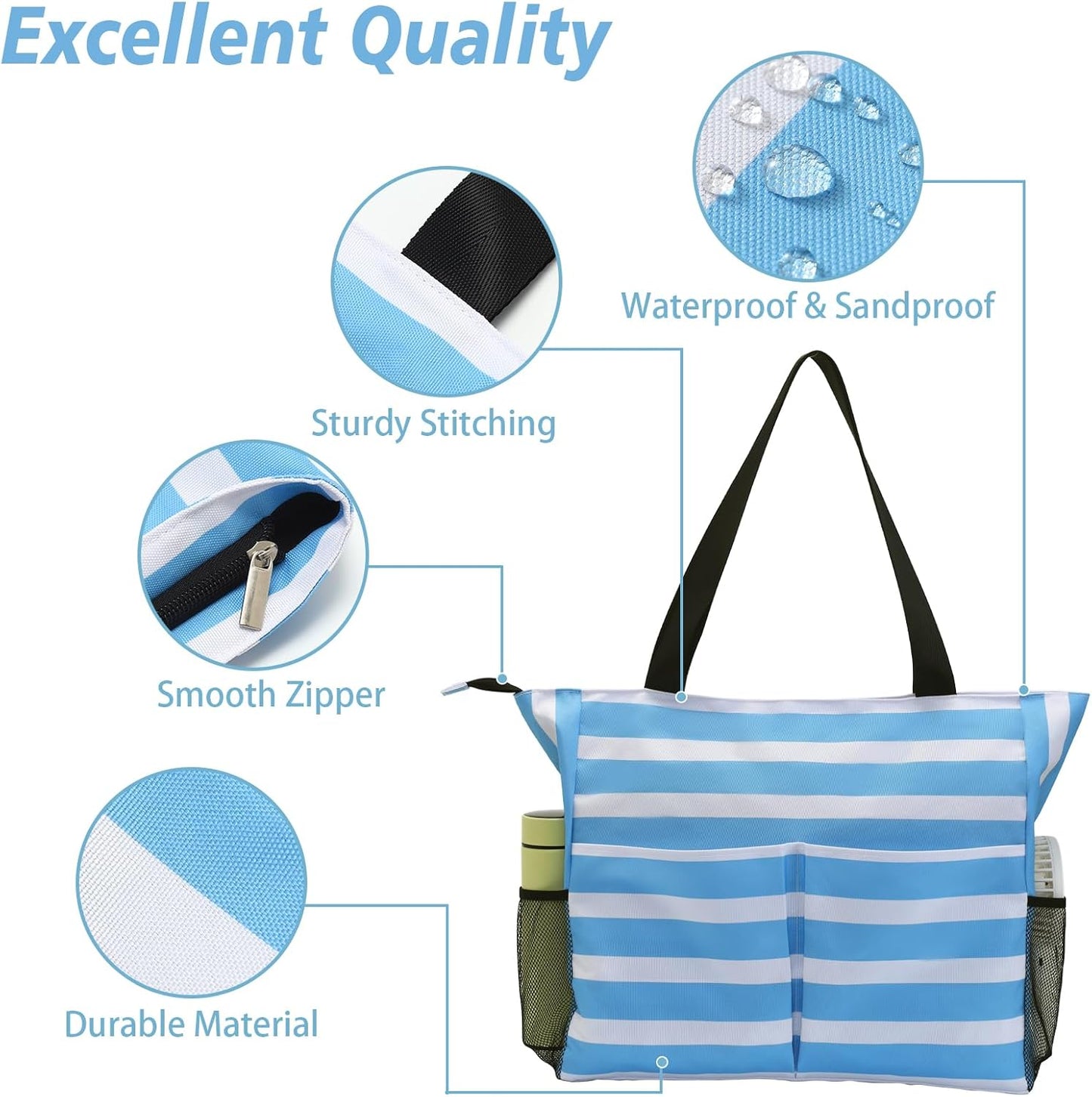 Jercery Waterproof Beach Bags for Women Vacation, Large Beach Tote Bag with Zipper for Travel, Pool, Swimming, Shopping