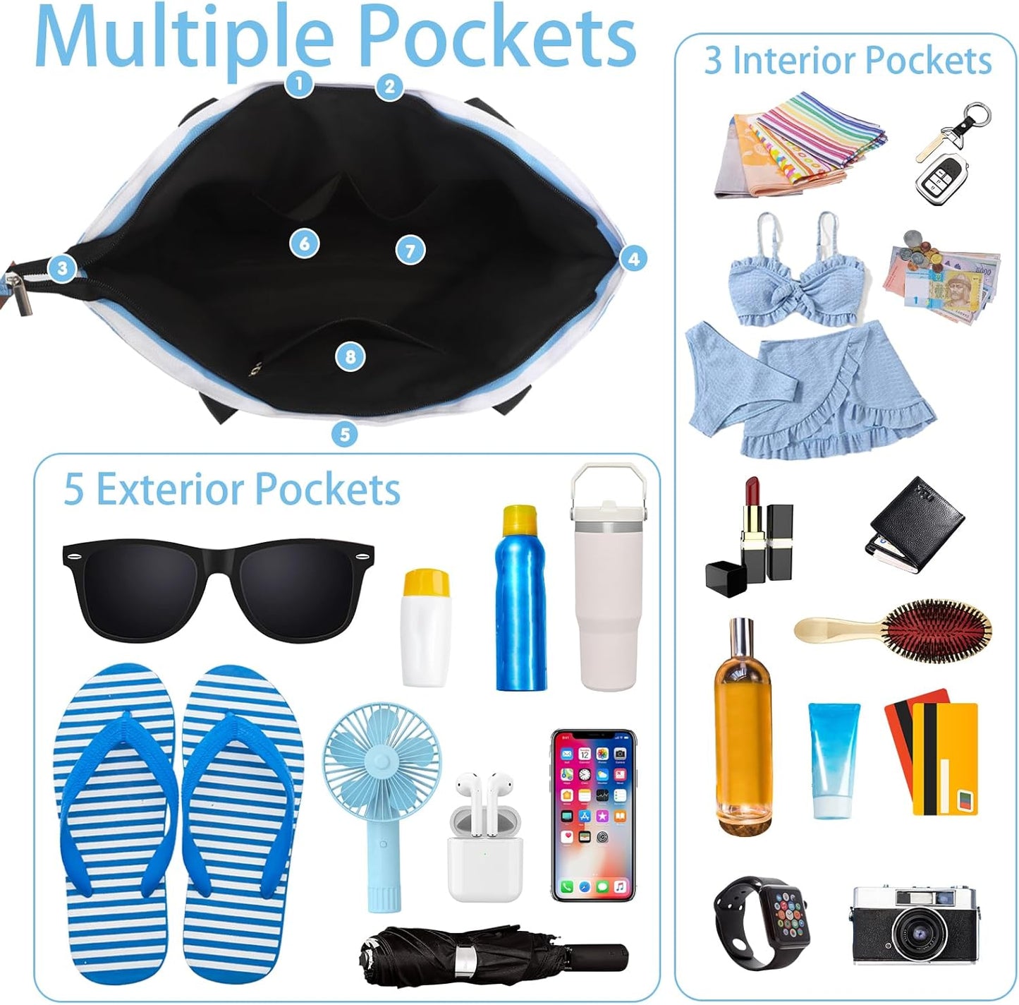 Jercery Waterproof Beach Bags for Women Vacation, Large Beach Tote Bag with Zipper for Travel, Pool, Swimming, Shopping