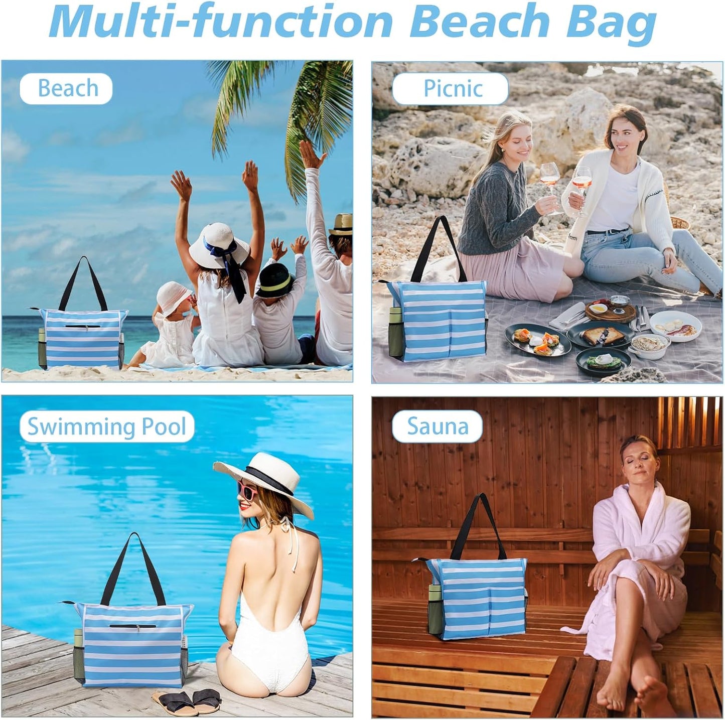 Jercery Waterproof Beach Bags for Women Vacation, Large Beach Tote Bag with Zipper for Travel, Pool, Swimming, Shopping