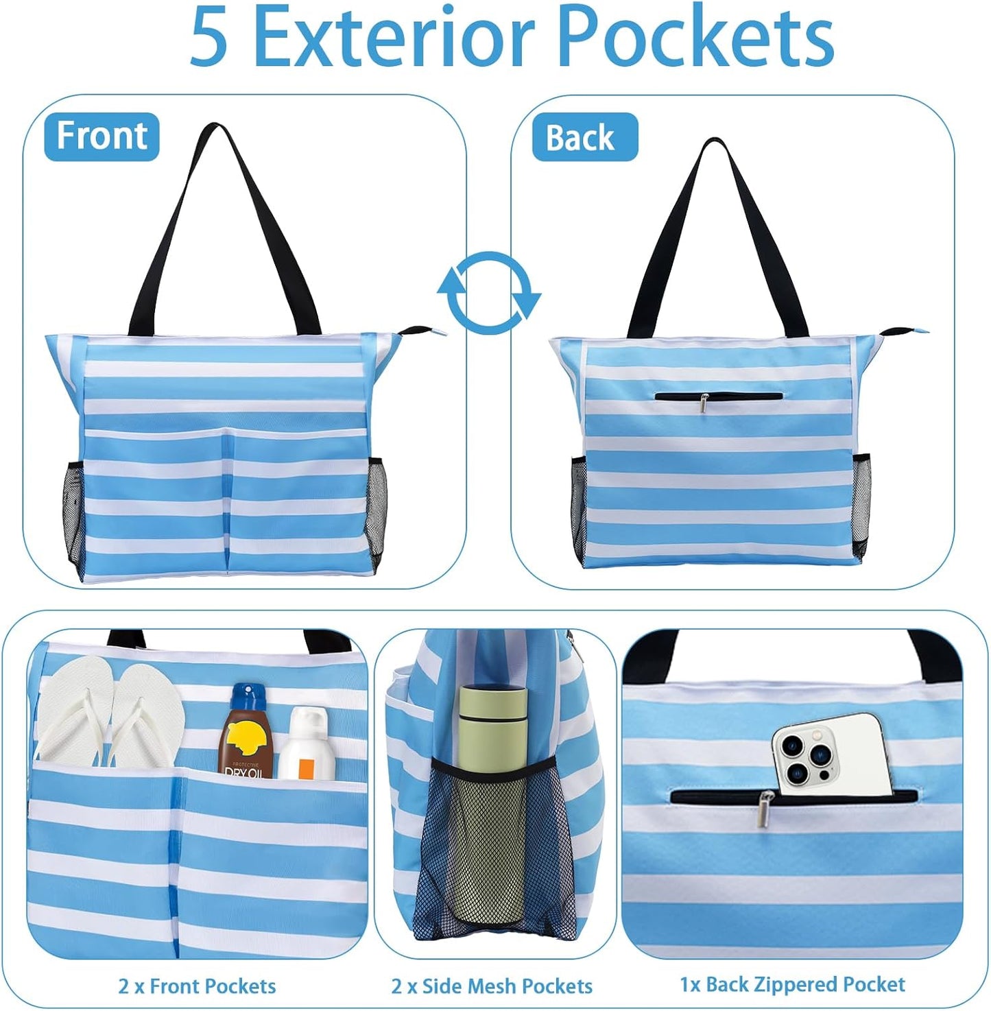 Jercery Waterproof Beach Bags for Women Vacation, Large Beach Tote Bag with Zipper for Travel, Pool, Swimming, Shopping