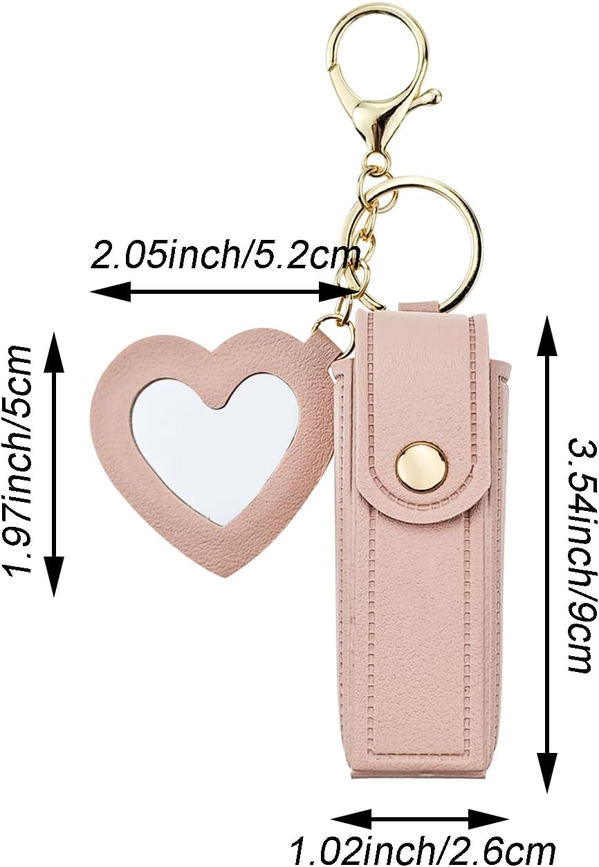 4 PACK PU Leather Potable Chapstick Holder Key Chain Bulk with Mirror, Lipstick Keychain, Lip Balm Organizer Holder Lipstick Travel Makeup Storage Case for Women Girls (Style 1)