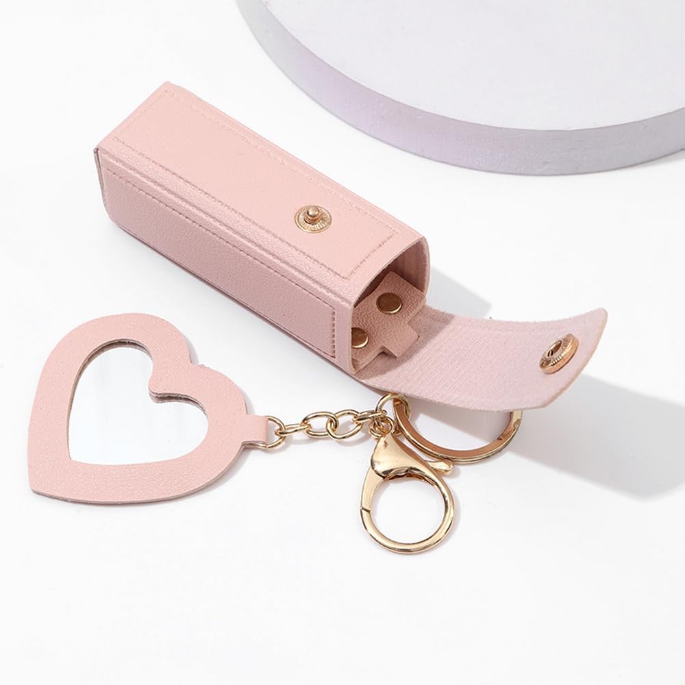 4 PACK PU Leather Potable Chapstick Holder Key Chain Bulk with Mirror, Lipstick Keychain, Lip Balm Organizer Holder Lipstick Travel Makeup Storage Case for Women Girls (Style 1)