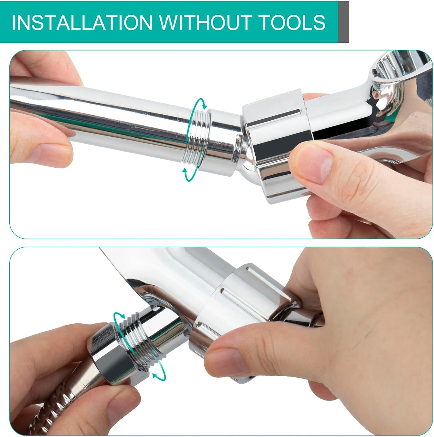 Adjustable Handheld Shower Head Holder- Premium ABS Bracket- Brass Ball 360 Degree Rotatable：Arm Mount and Hose Connector, Shower Adapter- Easy Install, Replacement Parts(Chrome)