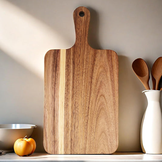 Acacia Wood Cutting Board with Handle, Wooden Cutting Boards, Chopping Board, Charcuterie Board, Serving Board for Cheese, Bread, Pizza, Vegetables & Fruits (1, 13.8''L x 7''W)