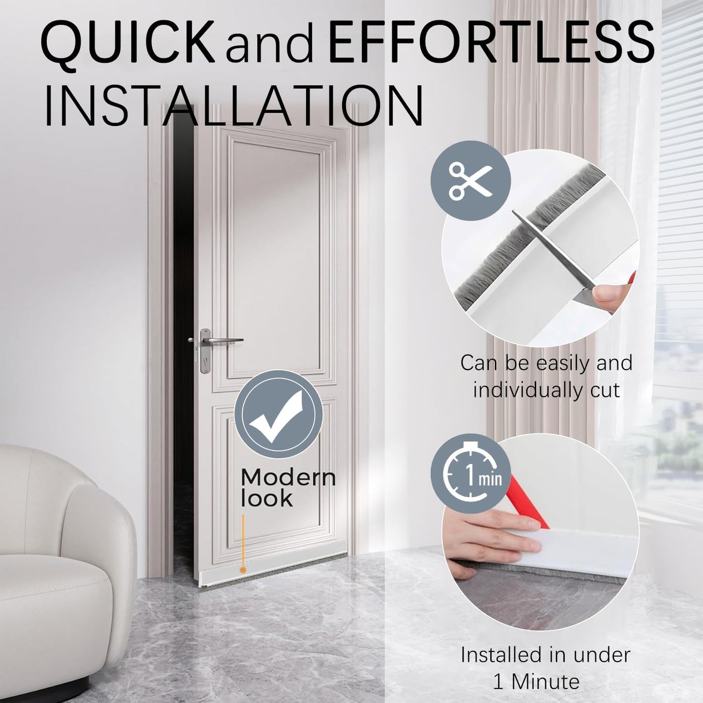 2 Pack Under Door Draft Stoppers with Brush Reduce Noise, Door Soundproofing Strip, Dust-Proof/Weather Stripping with Self Adhesive, Under Door Deal - White