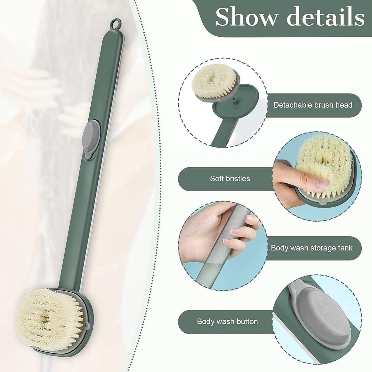 Long Handle Bath Massage Cleaning Brush with Soap Dispenser for Men Women Elderly Body Back Scrubber Storable Wash, Dispenser, (14 inch / 36 cm,Green）