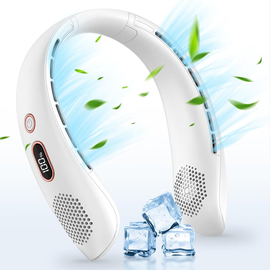 Portable Neck Fan, Hands Free Bladeless Neck Fan Rechargeable 3 Speeds & LCD Display, Battery Operated Wearable Personal Fan, 360° Cooling Hanging Neck Fan for Outdoor Indoor Travel Sport (White)