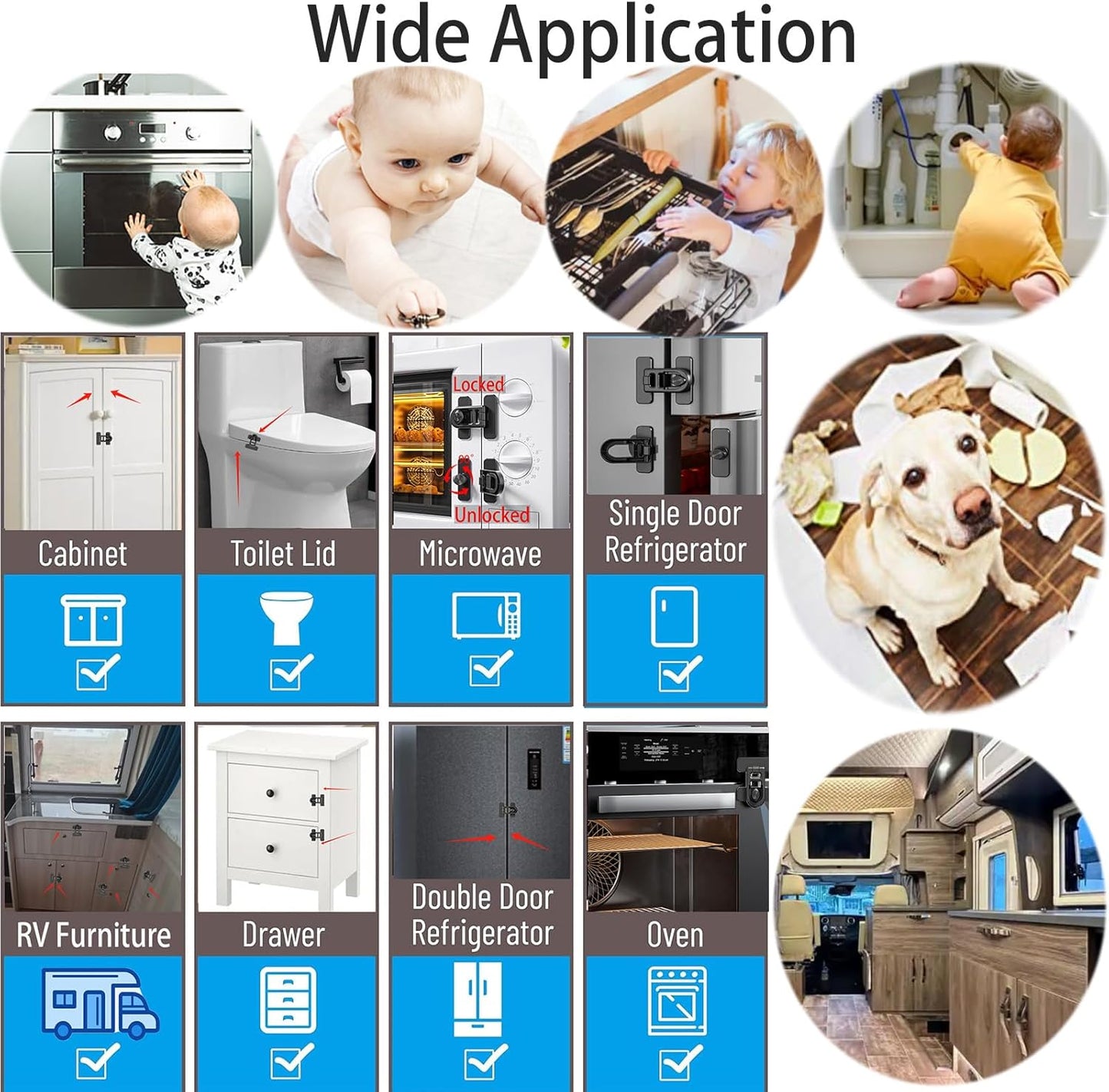 2-Pack Refrigerator Lock Baby Proofing for Cabinet Door Drawer Freezer RV Oven Cupboard Closet Kitchen, 90 Degree Fridge Latches Petproof Childproof for Toddler Cat, Strong Adhesive No Drill