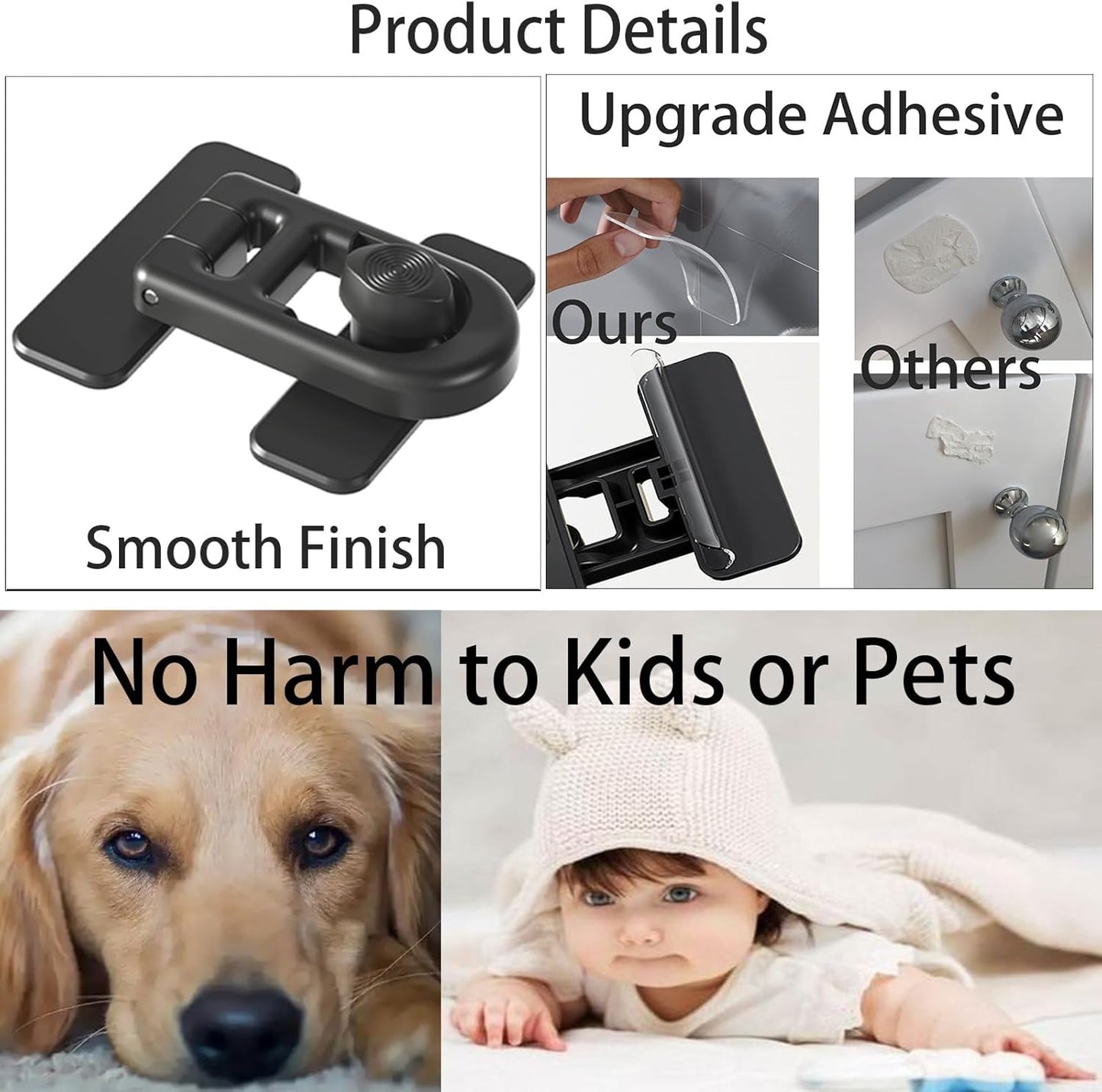 2-Pack Refrigerator Lock Baby Proofing for Cabinet Door Drawer Freezer RV Oven Cupboard Closet Kitchen, 90 Degree Fridge Latches Petproof Childproof for Toddler Cat, Strong Adhesive No Drill