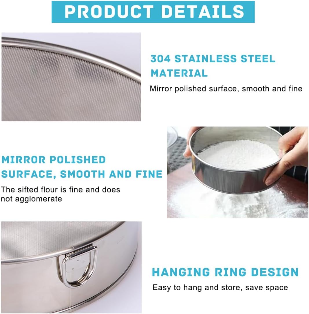 Flour Sieve Fine Mesh Stainless Steel Round Sifter 6 Inch 60 Mesh Sieves Strainer for Baking Straining Powdering