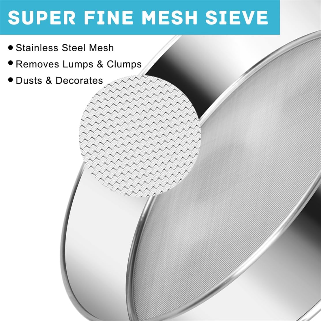 Flour Sieve Fine Mesh Stainless Steel Round Sifter 6 Inch 60 Mesh Sieves Strainer for Baking Straining Powdering