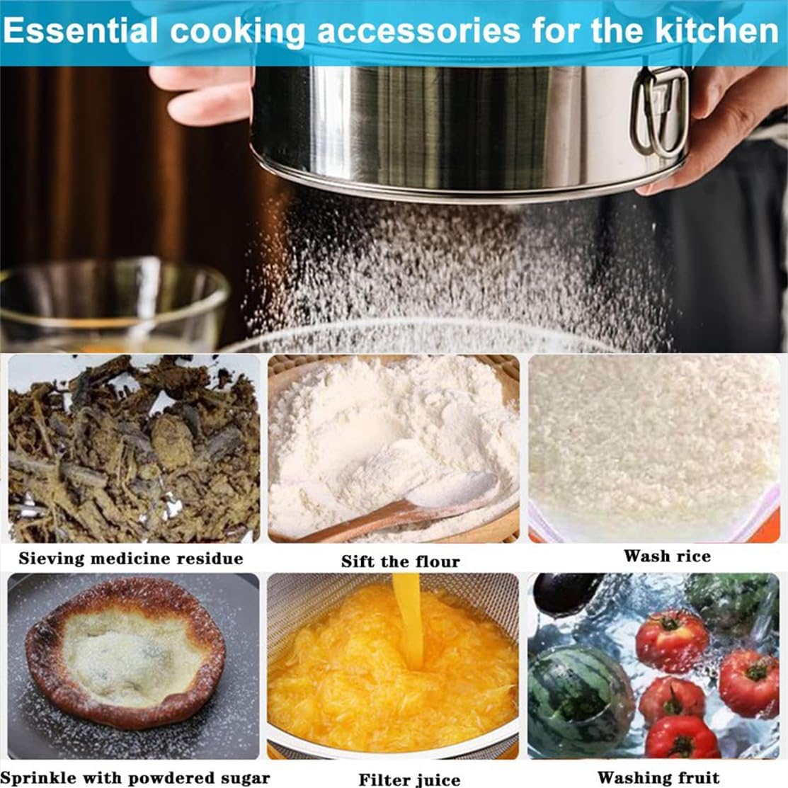 Flour Sieve Fine Mesh Stainless Steel Round Sifter 6 Inch 60 Mesh Sieves Strainer for Baking Straining Powdering