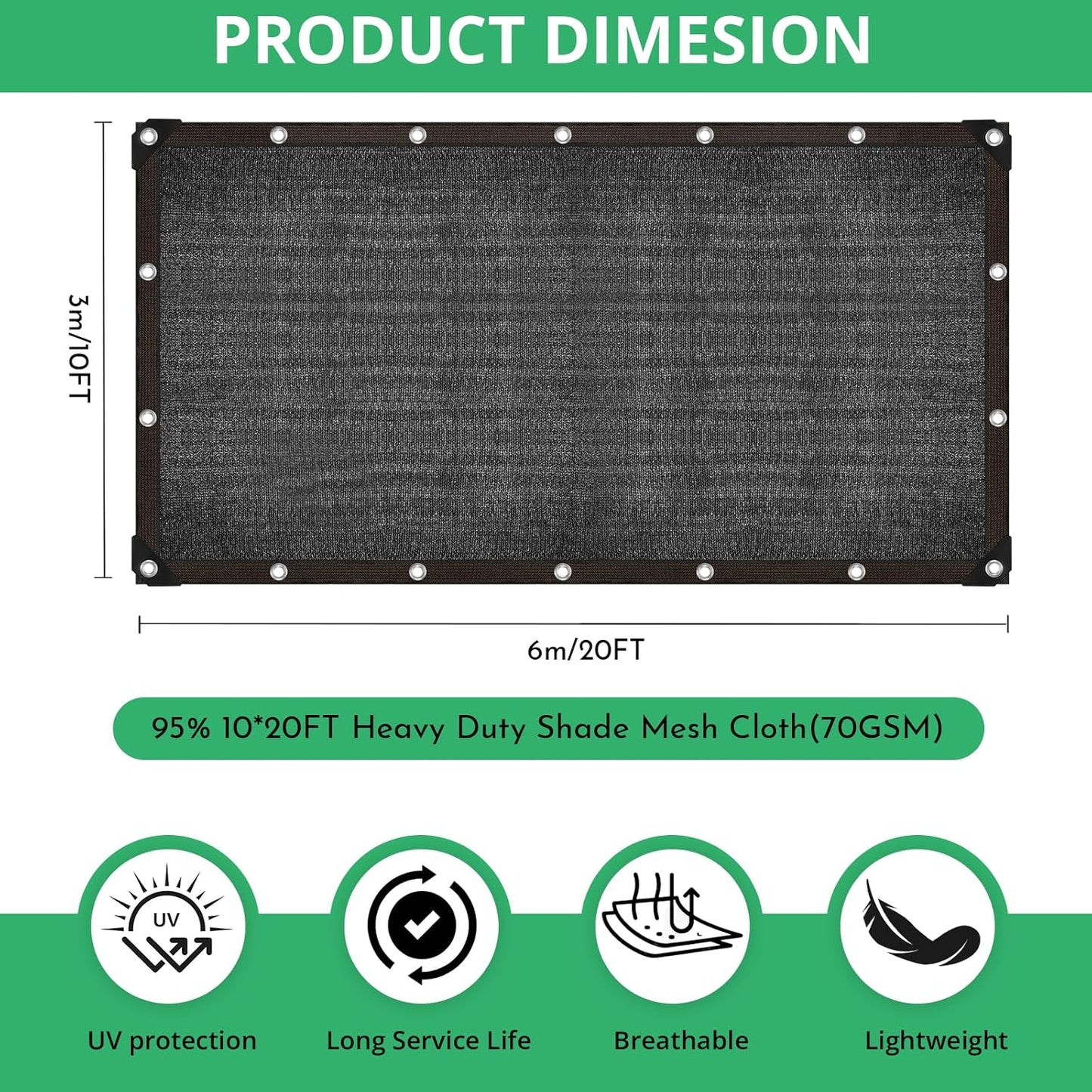 Garden 90% Shade Mesh Cloth,  10 x 20FT Sun Shade Net,Resistant Mesh Sun Shade Reinforced Grommets Shade Trap for Greenhouse,Plant,and Backyard Patio Sunshade,Pergola(Black-3x6m)