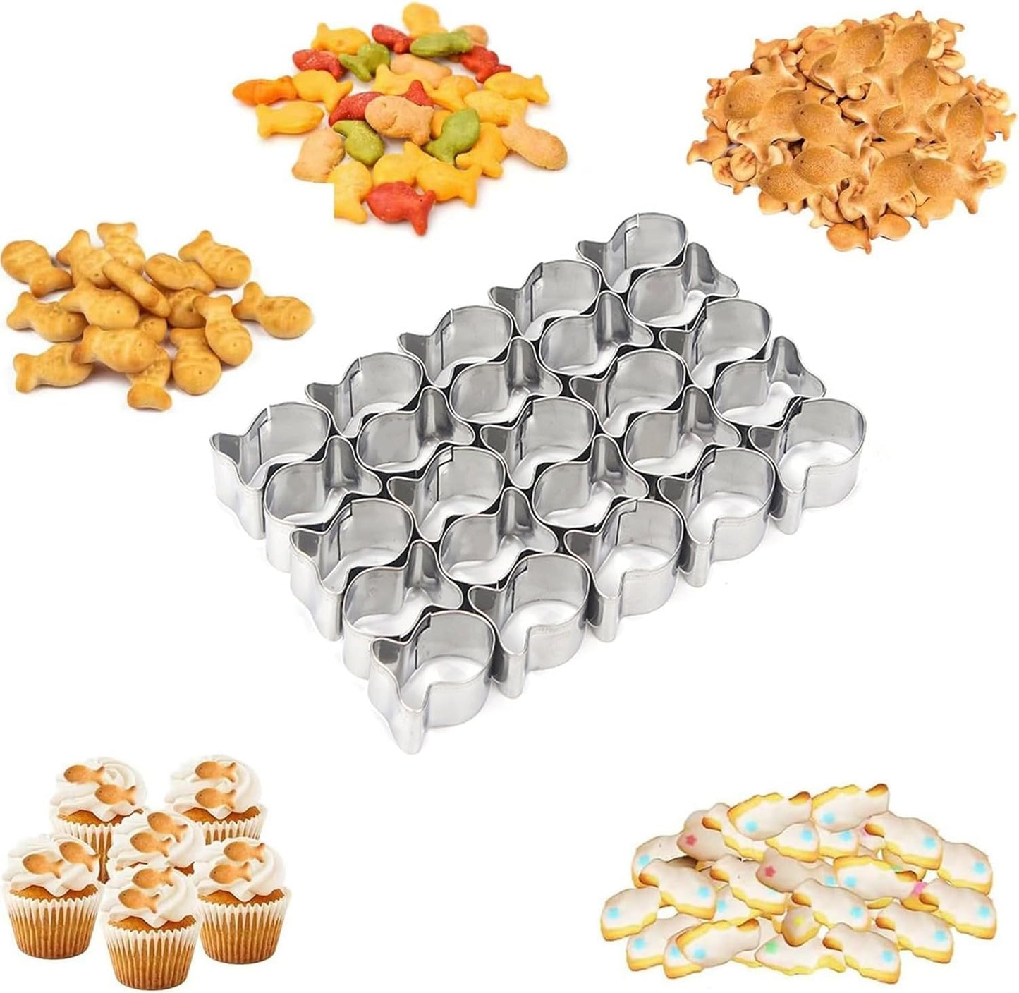 Gold Fish Cracker Cutter, 25 Cavity Mini Fish Cookie Cutter with Cleaning Brush Stainless Steel Fish Shaped Cutter Molds for Kids DIY and Baking.